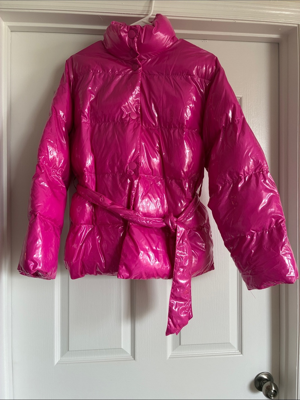 Y2K Who What Wear Hot Pink High Shine Vinyl Puffer Jacket Belted Size M NWOT - Picture 7 of 7